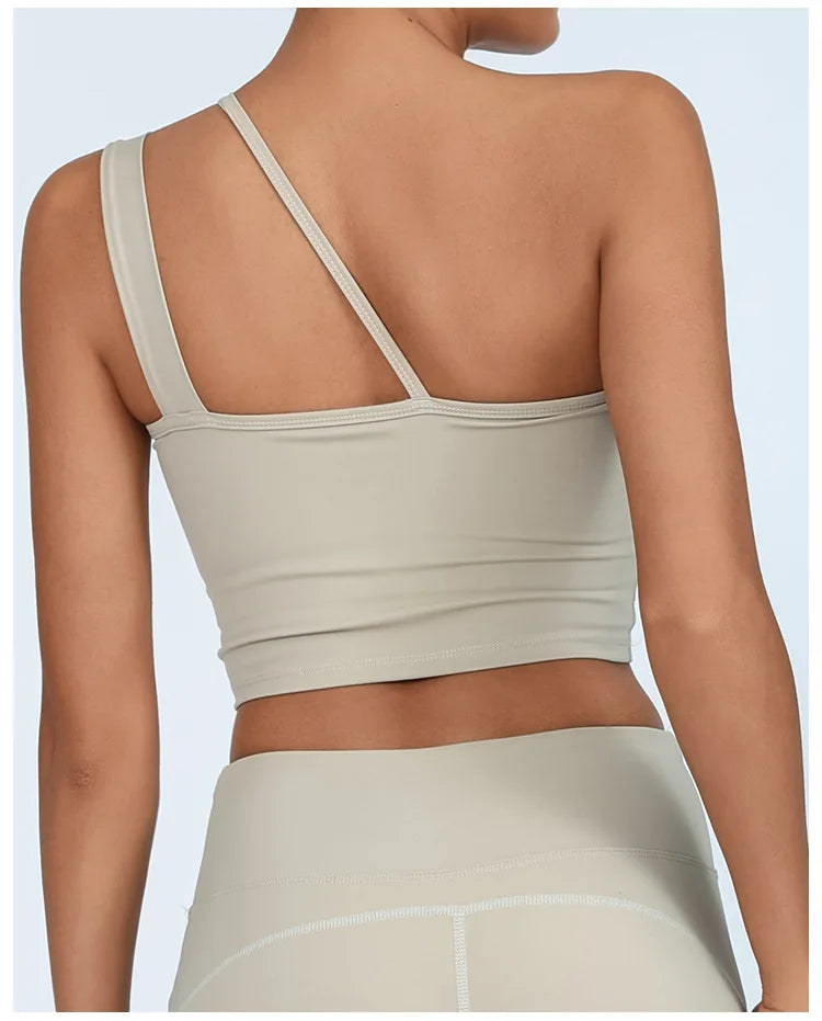 Yoga Tank Top with Built-in Bra Asymmetric Single Shoulder Quick-Dry Breathable High Elasticity Workout Gym Fitness Clothes - Daisan Mart