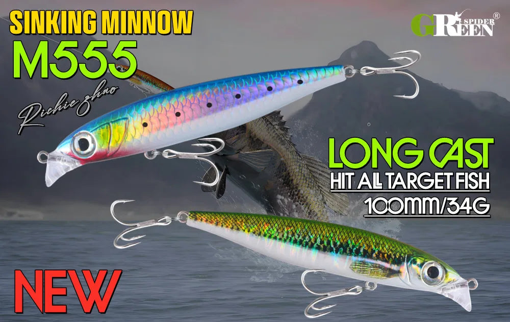 GREENSPIDER Sinking Minnow 100mm 34g Wobbler Pesca Swimbait Long Cast Tackle Pike Fishhook Sea Fishing Lure Jerkbait