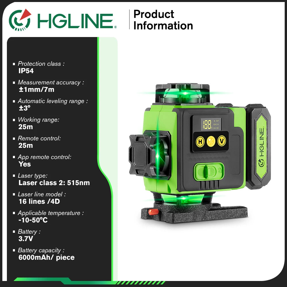 HGLINE 16 Lines 4D Laser Level APP Remote Control Rechargeable Self-leveling 360 Green Line leveling 6000mAh Big Li-ion Battery
