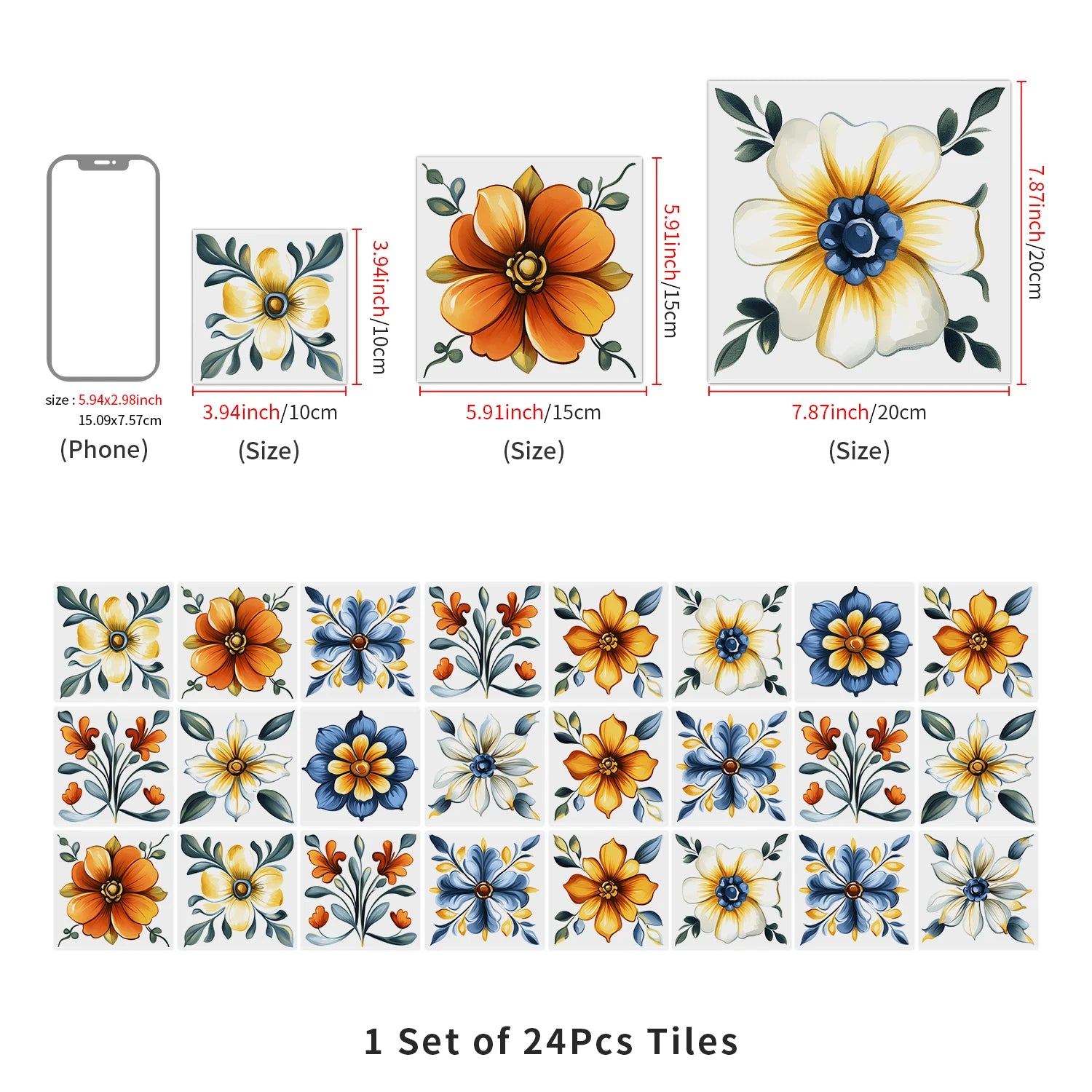 24pcs/Set Self-Adhesive Waterproof Art Wall Stickers For Living Room, Kitchen Oil Resistant Tiles Stickers For Room Decor Decal