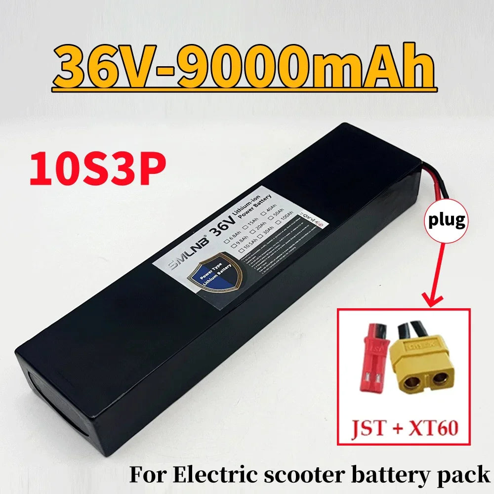 Pin sạc 36V-9000mAh cho xe điện, chữ màu vàng, đen. Kết nối JST + XT60.