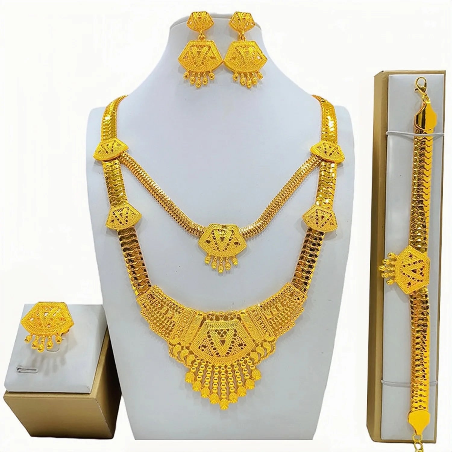 24K Gold Wedding Jewelry Set: Necklace, Ring, Earrings