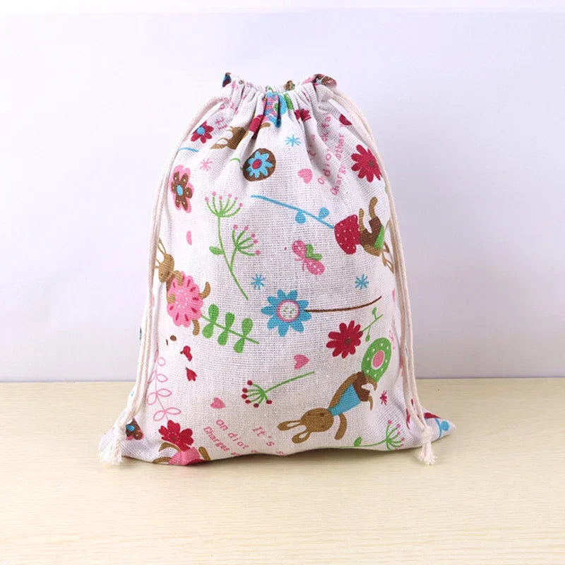 Cotton Linen Drawstring Bag with Lovely Animal and Tree Print