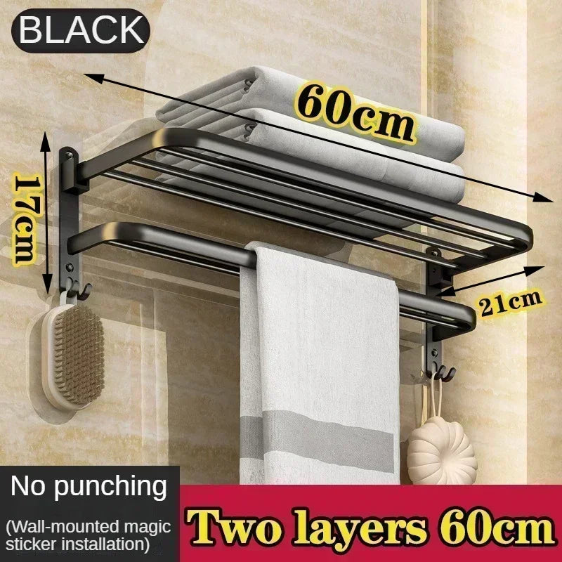 40/50/60CM No Drilling Towel Rack Fold Self-adhesive Wall Hanger Rail Bracket Black Aluminum Shower Bathroom Accessories Holder