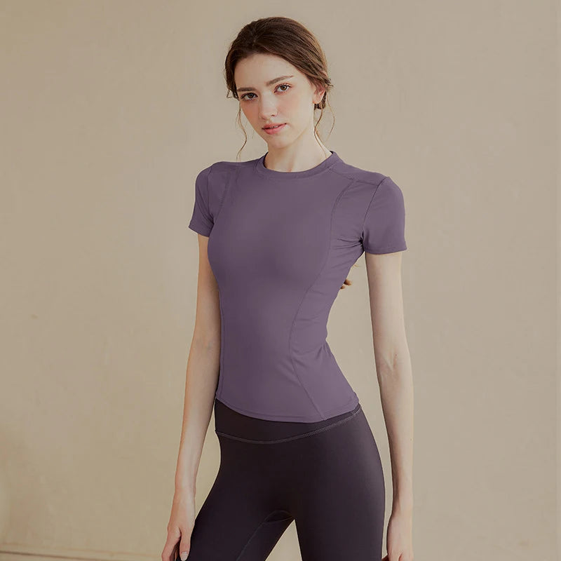 {QTG329} 1 Pcs Women's Tight Short Sleeve Yoga Top - Slim Fit, Quick Dry Fabric For Running, Gym & Outdoor Workouts - Daisan Mart