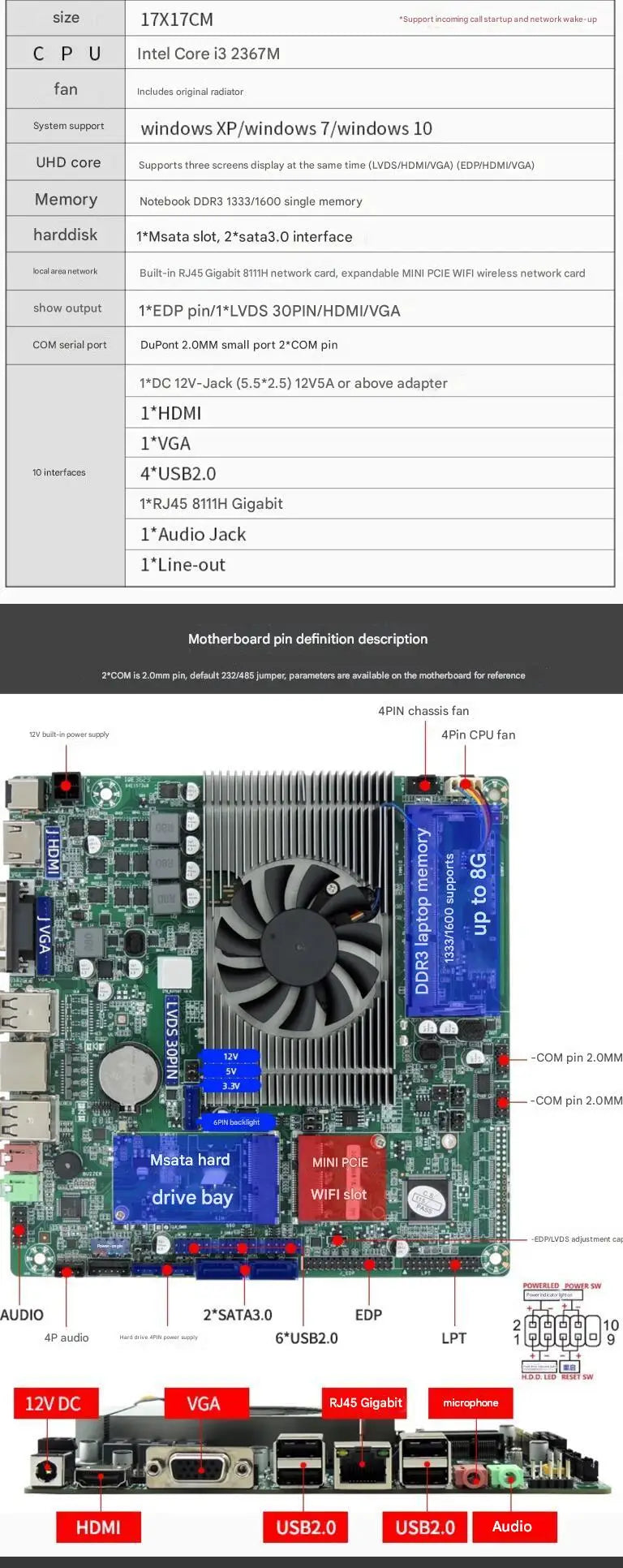 i5-3427U Mini-ITX Motherboard 2nd/3th Core Intel CPU IPC SBC Embedded Ultra-thin Mainboard with COM LAN DC12V DDR3 8USB LVDS VGA