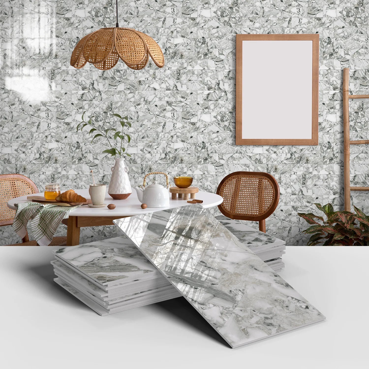 Set of 16 Waterproof Stone Pattern Foam Wall Stickers for Kitchen