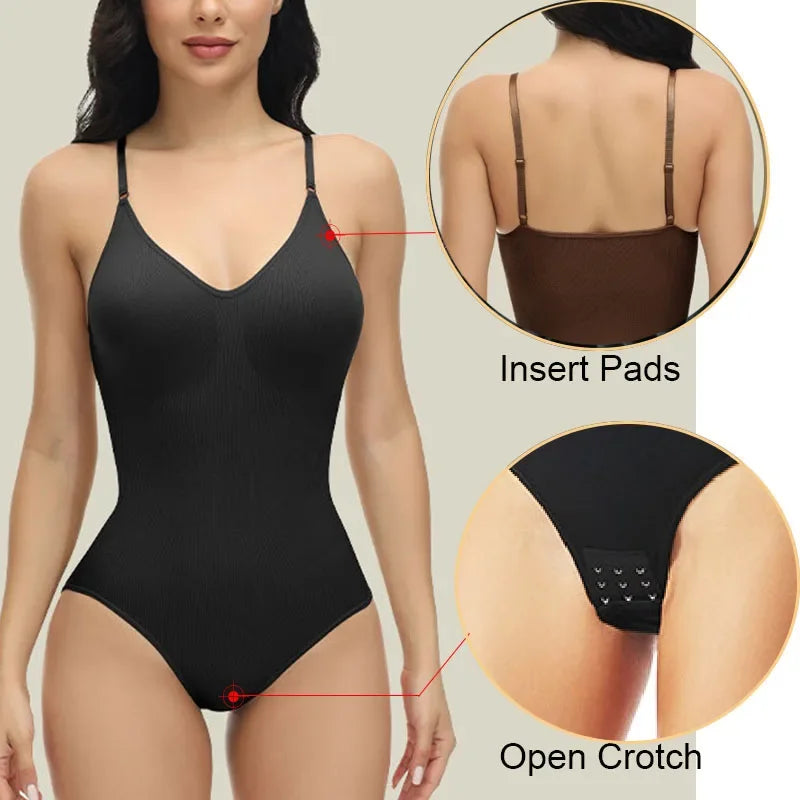 Compression Bodysuit V-neck Slim Straps Ultra-thin Open Back