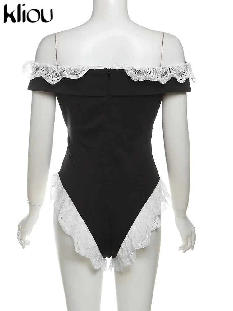 Kliou Women's Bodysuit Mesh Lace Off-the-Shoulder Fashion