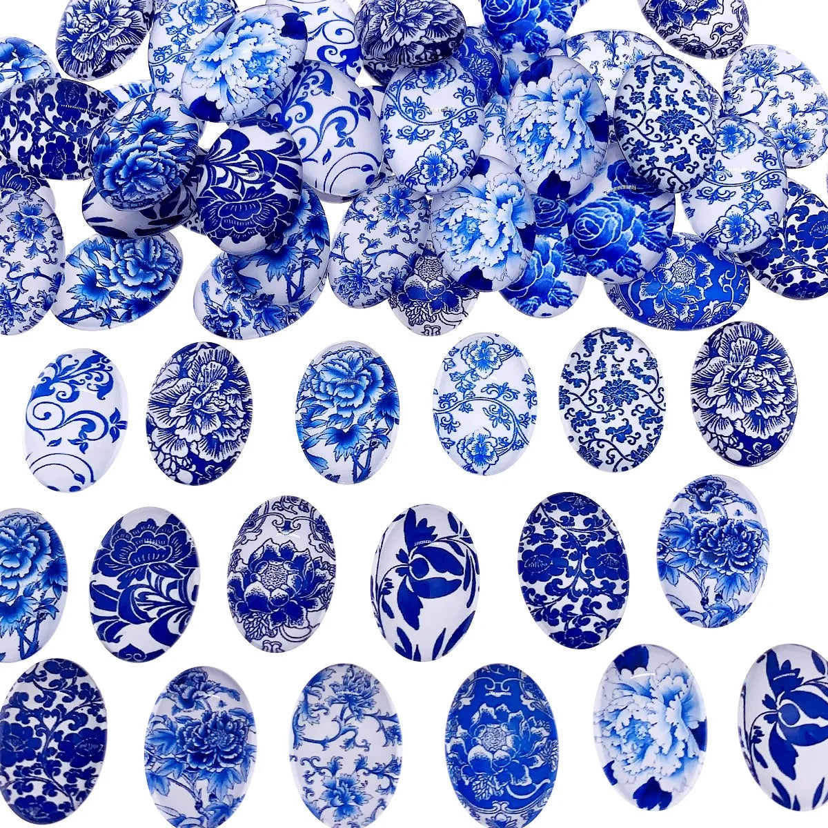Oval Blue White Porcelain Flat Bottom DIY Jewelry 13-40mm