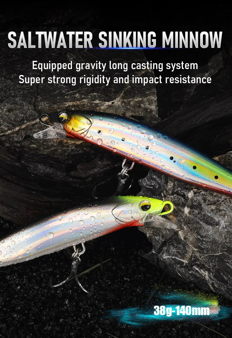 Kingdom Saltwater Minnow Lure 140mm 38g Sinking Wire Go Through Body Wobblers Long Casting Artifical Bait For Seabass Jerkbait