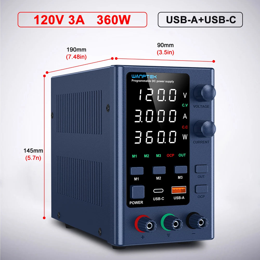 Wanptek Laboratory Power Supply Adjustable 30V 10A 60V 5A 120V 3A with USB Fast Charging Encoder Adjustment Lab DC Power Supply