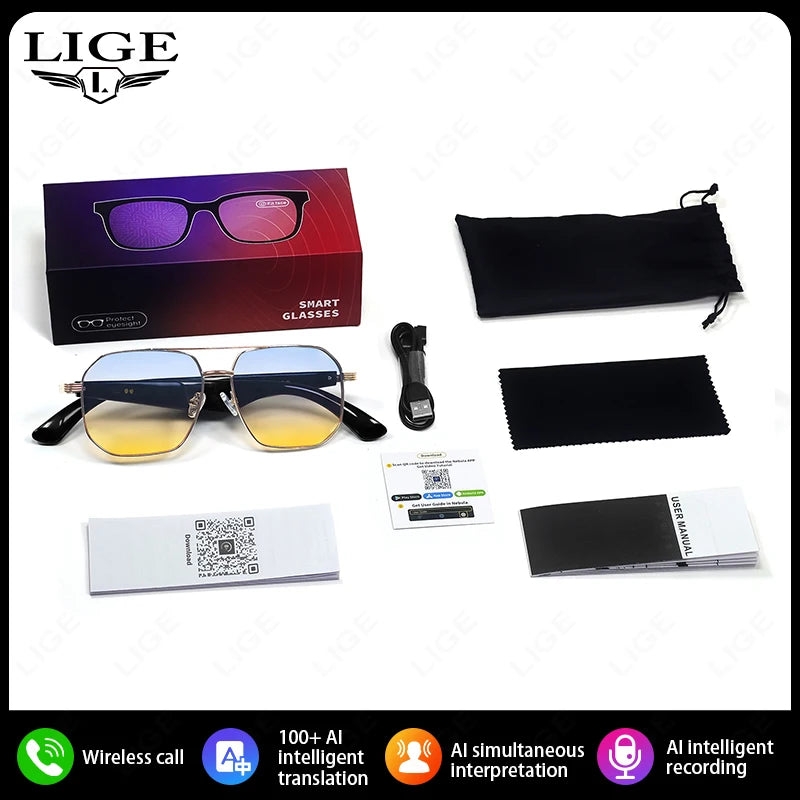 LIGE Ai Smart Bluetooth Glasses 100+Languages ​​Translation Real-time Q&amp;A BT5.4 Music UV Protection Smart Sunglasses for Men Women