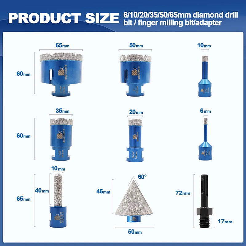 BRSCHNITT 9Pcs Diamond Drill Bit Set for Ceramic Marble Granite Tile Hole Saw Kit 58 Thread Milling Bit for Drilling