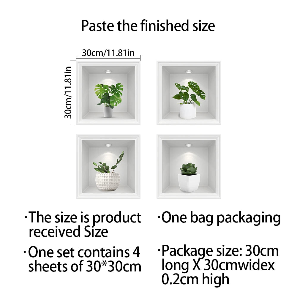 4pcs/set Simulated Plant Potted Plants Cabinet Decoration Wall Stickers Peel &amp; Stick Waterproof PVC Frameless Wall Art Mural