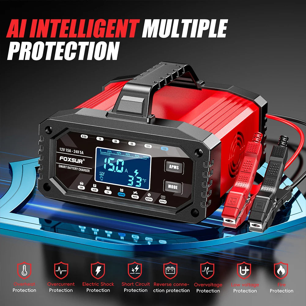 Car Battery Charger Protect Quick Charger Multiple Protections Intelligent Full Automatic 12V/24V LCD Display