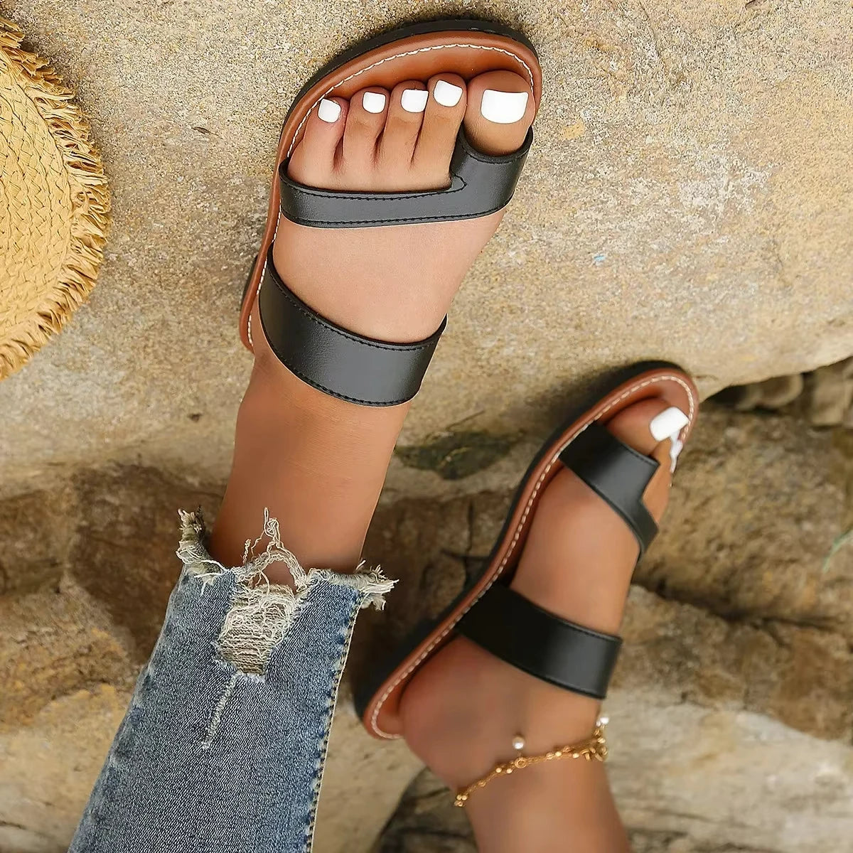 Dép Nữ Đi Biển Đế Bằng Thời Trang Màu Trơn