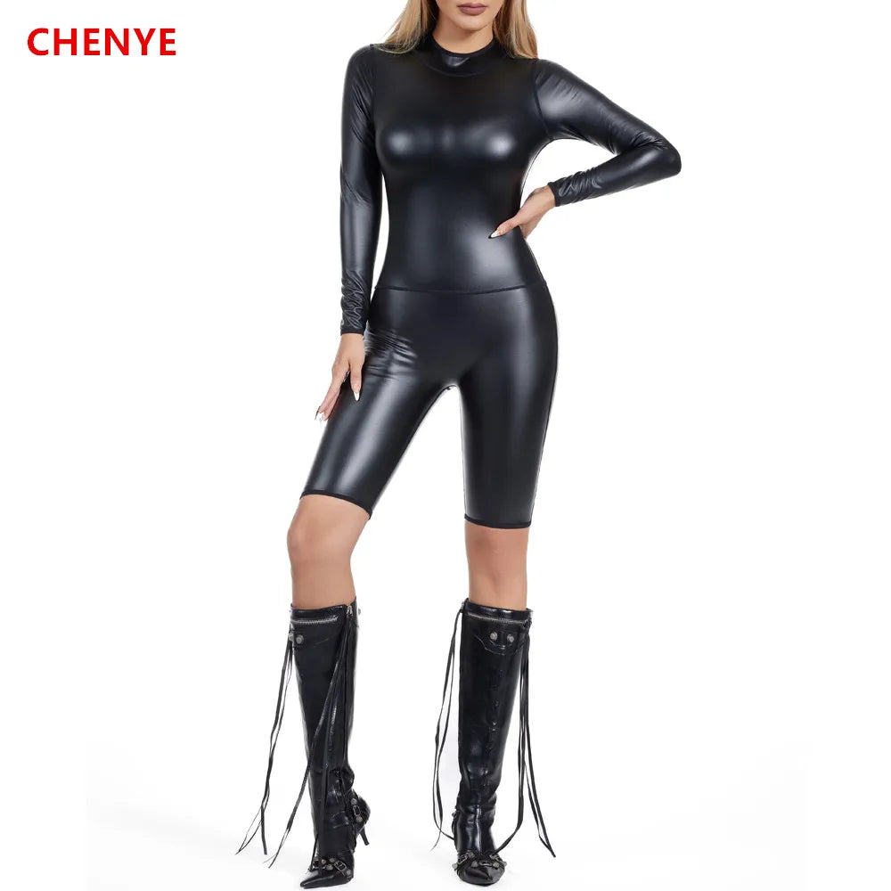 Women Metallic Back Zipp Faux Leather Bodysuits Short Romper Jumpsuit Leotard T-Shirts Body Shapers Stretch BlouseLady Shapewear
