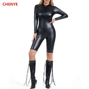 Women Metallic Back Zipp Faux Leather Bodysuits Short Romper Jumpsuit Leotard T-Shirts Body Shapers Stretch BlouseLady Shapewear