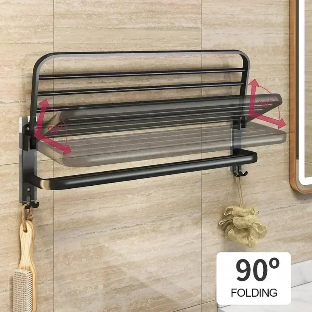 40/50/60CM No Drilling Towel Rack Fold Self-adhesive Wall Hanger Rail Bracket Black Aluminum Shower Bathroom Accessories Holder
