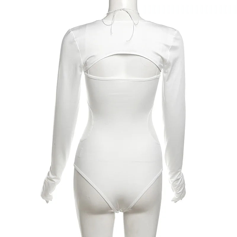 Goth Dark Cyber ​​Y2K Techwear Mall Gothic Hollow Out Straps Skinny Bodysuits With Long Sleeve Crop Shrug Tops Women 2 Piece Sets