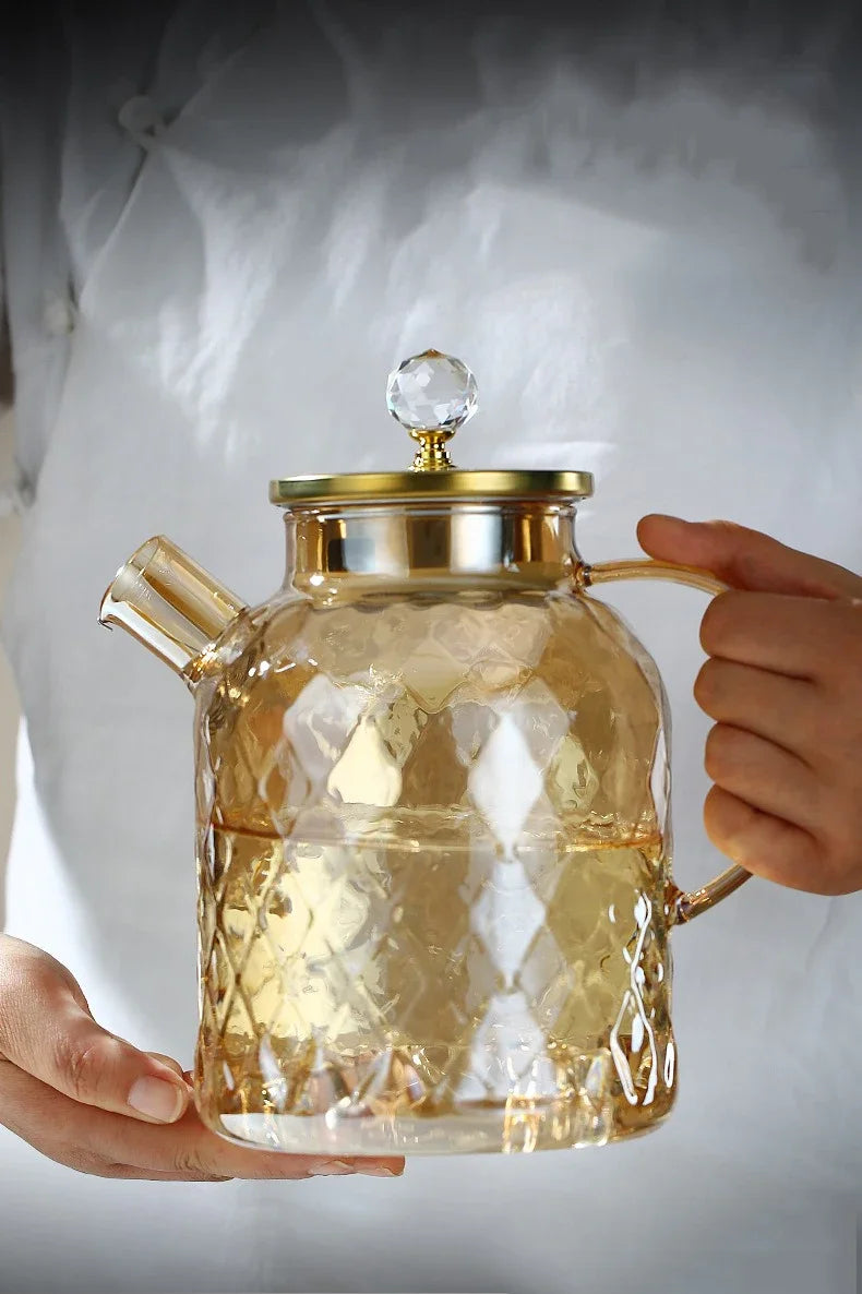 1/1.8L Tea Pot  High Borosilicate Glass Cold Water Kettle with Lid and Filter Amber Heat Resistant Tea Maker for Blooming Tea