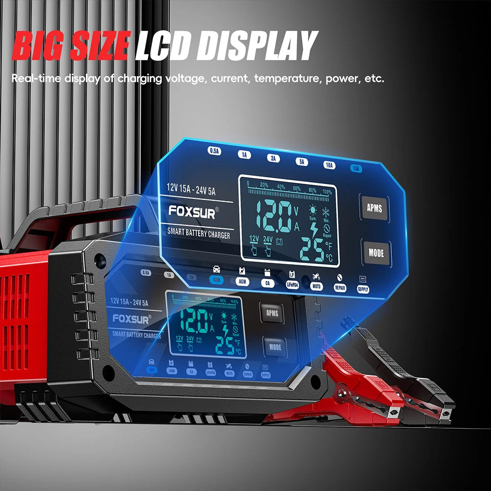 Car Battery Charger Protect Quick Charger Multiple Protections Intelligent Full Automatic 12V/24V LCD Display