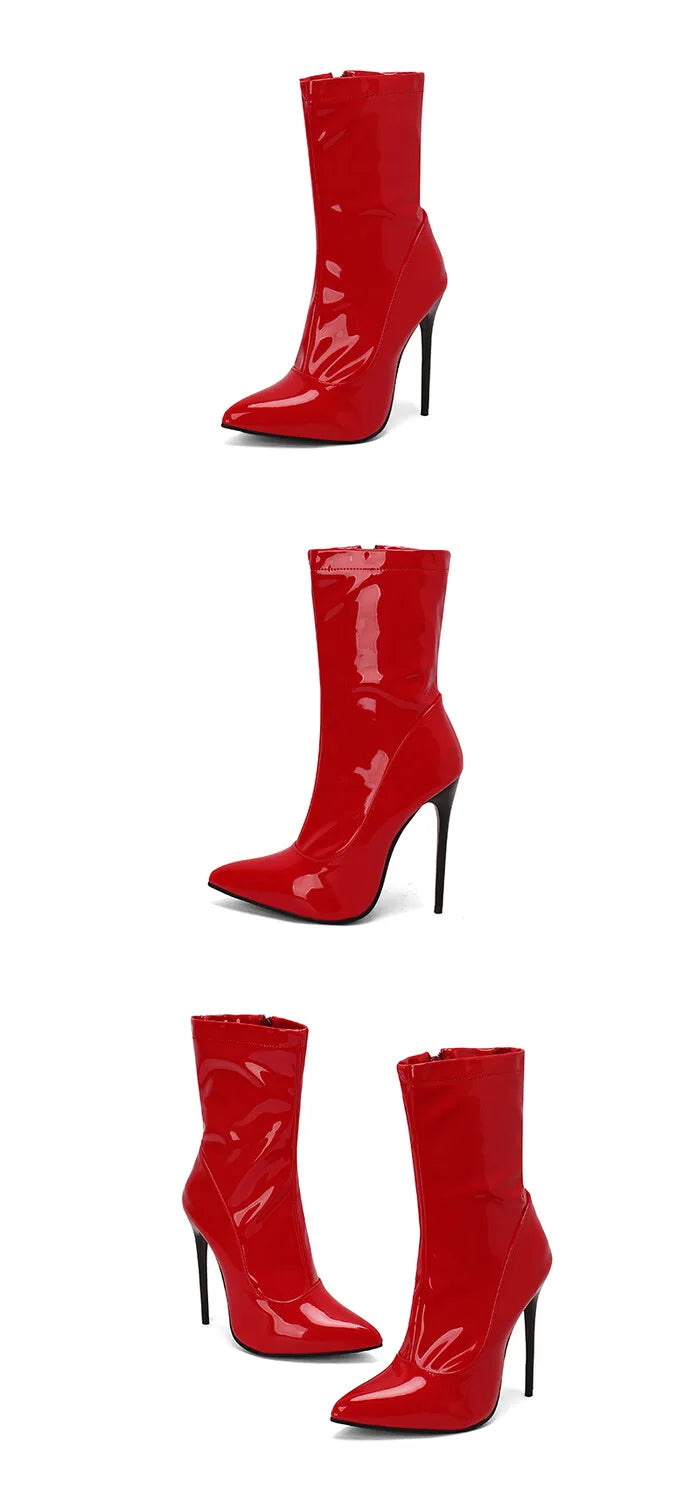 Women's Pointed Toe, Short Cut, Elegant Pointed Heel Patent Leather Boots