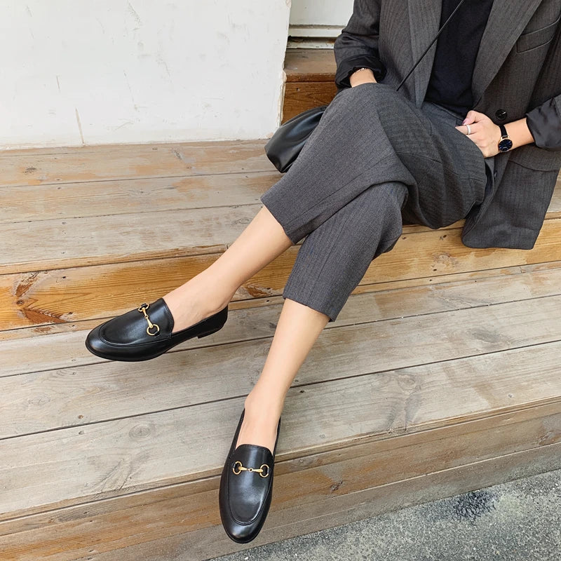 Women's Loafers Soft Sole Metal Buckle Round Toe Spring