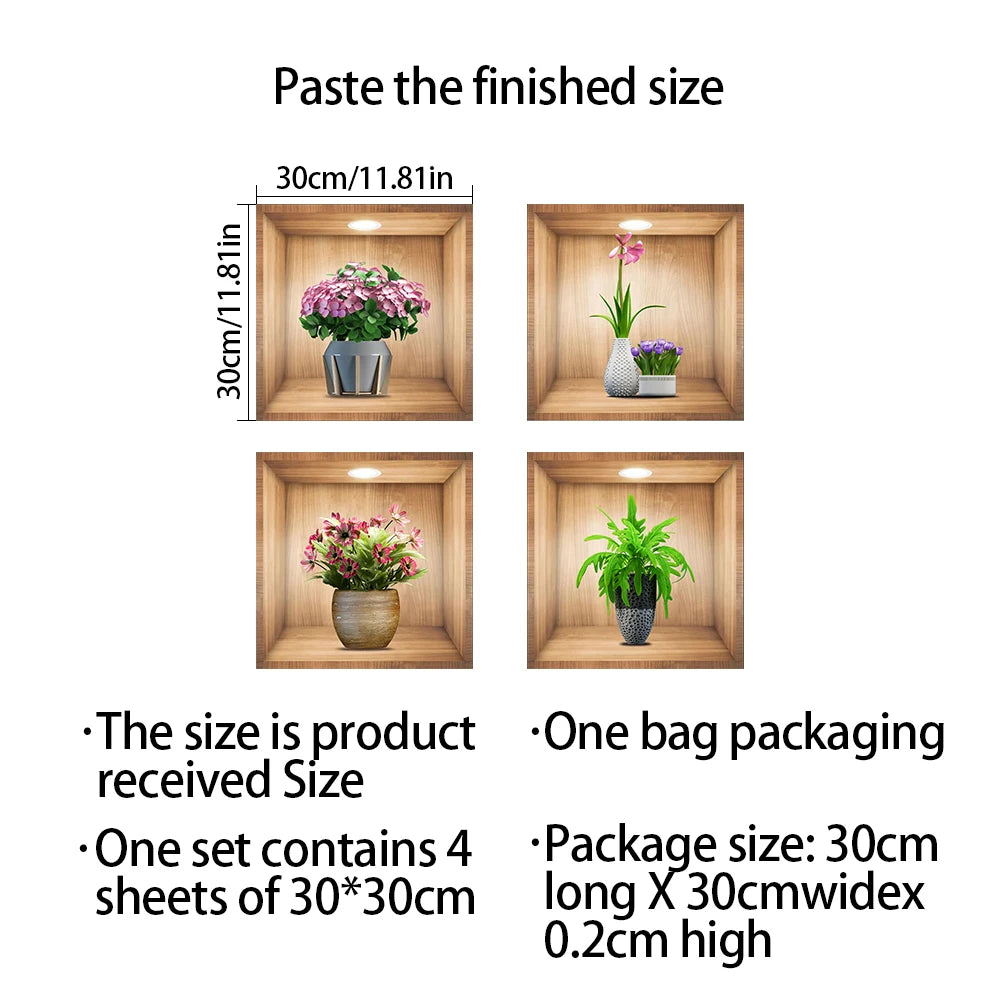 4pcs/set Simulated Plant Potted Plants Cabinet Decoration Wall Stickers Peel &amp; Stick Waterproof PVC Frameless Wall Art Mural