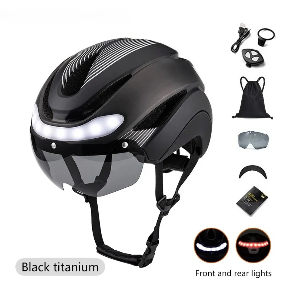 Bicycle Helmet with LED Lights, Magnetic Glasses, Turn Signals