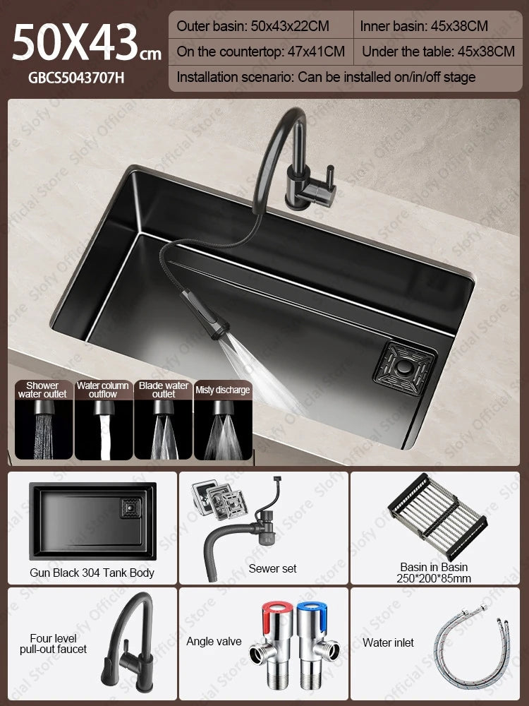 304 Stainless Steel Kitchen Sink Black Single Bowl Thickened Material Wear-Resistant Vegetable Workstation Drainage Accessories - Daisan Mart