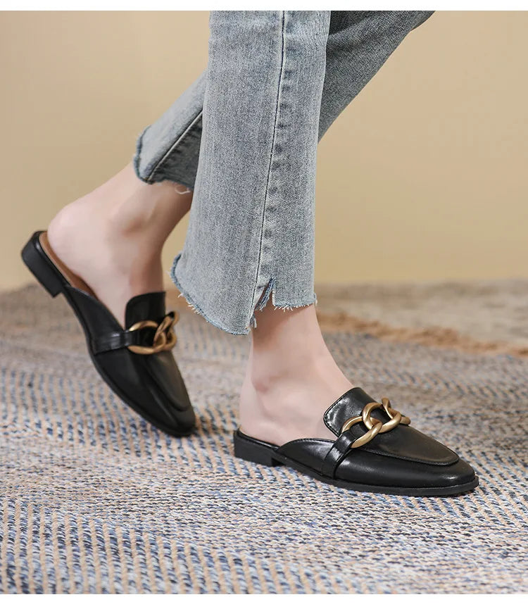 Women's Fashion Mules - Square Toe Black and White Chain