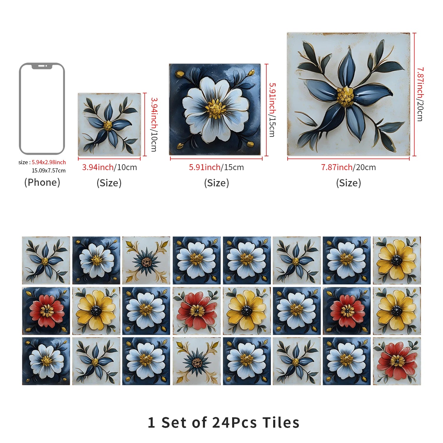 24pcs/Set Self-Adhesive Waterproof Art Wall Stickers For Living Room, Kitchen Oil Resistant Tiles Stickers For Room Decor Decal