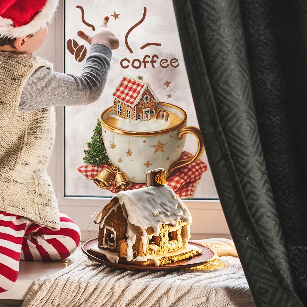 Christmas Coffee Cup Wall Stickers Living Room Restaurant Decoration Mural Cafe for Kitchen Home Decor Self-adhesive Wallpaper