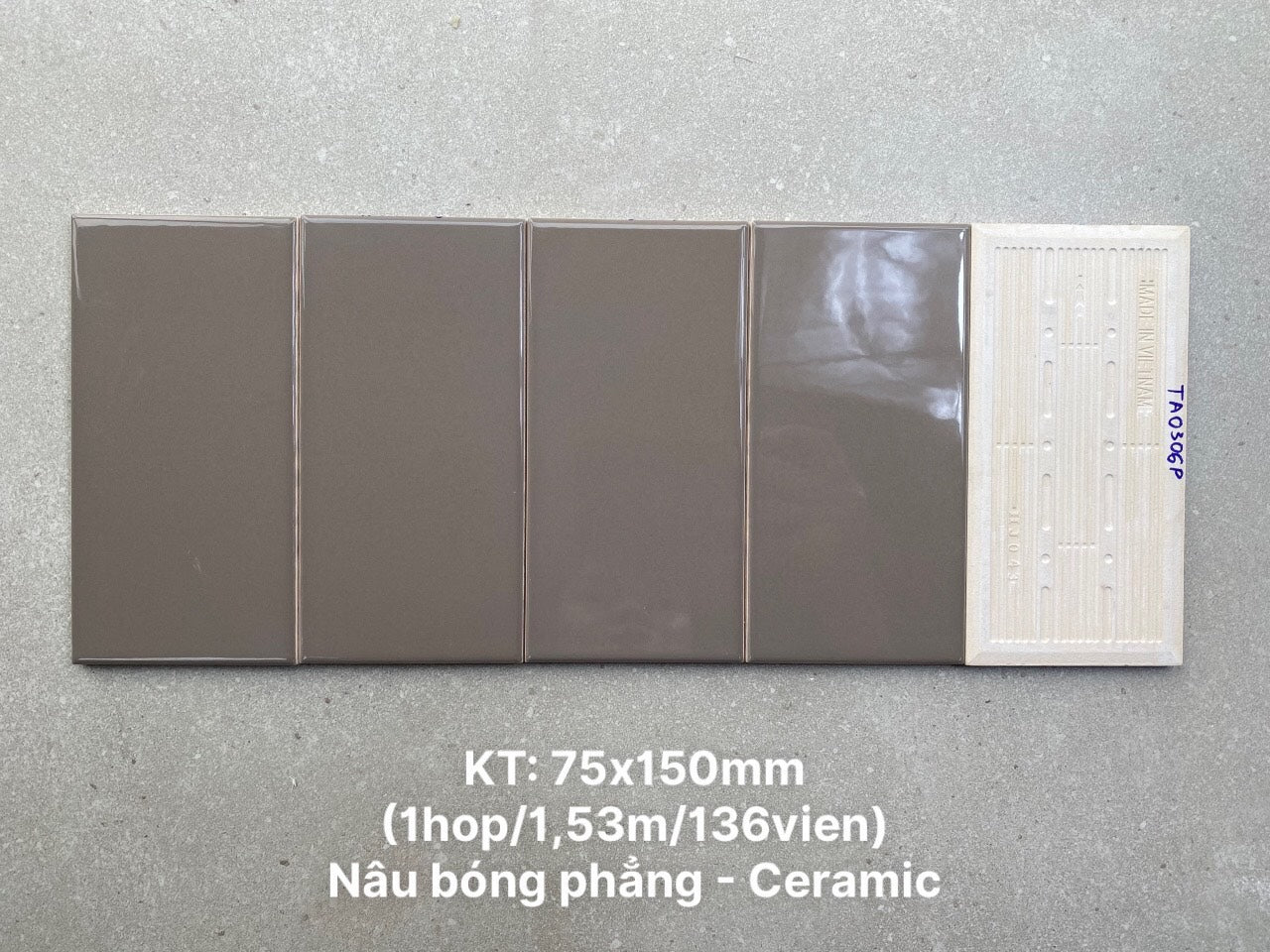 Vietnamese tile, size 75x150mm, flat glossy body, grade 1, code TA0306P