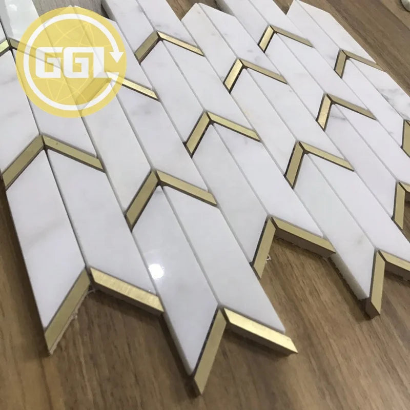 Italy Chevron Calacatta Marble White Marble Tile Fish Scale Mix Brass Mosaic - Daisan Mart