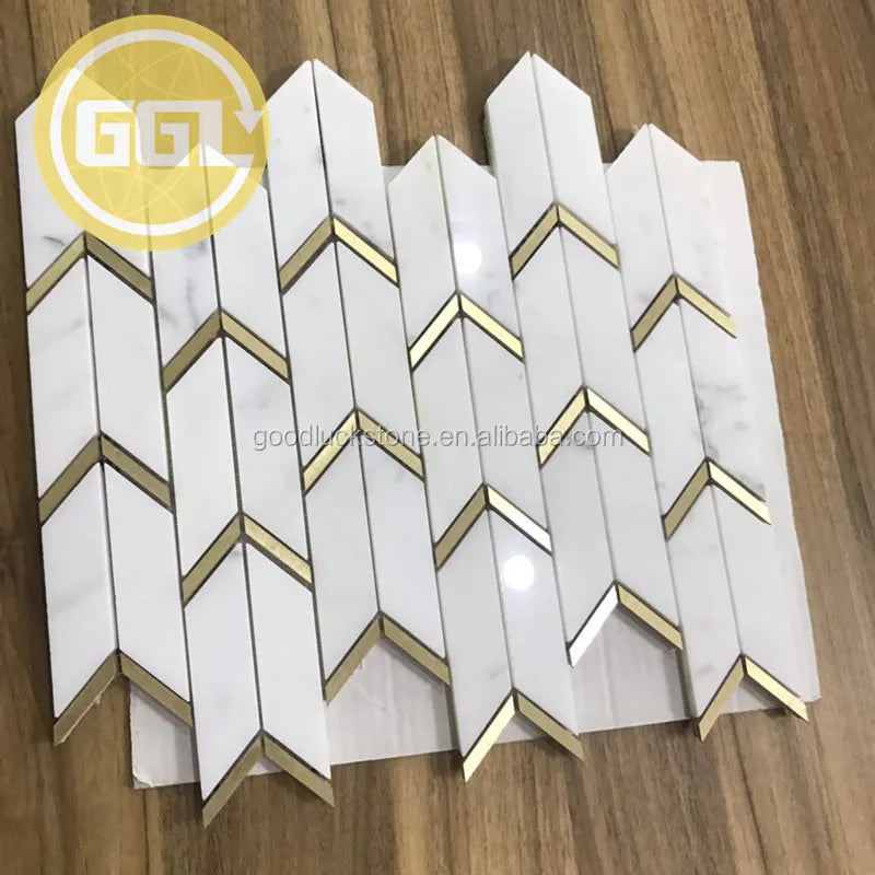 Italy Chevron Calacatta Marble White Marble Tile Fish Scale Mix Brass Mosaic - Daisan Mart