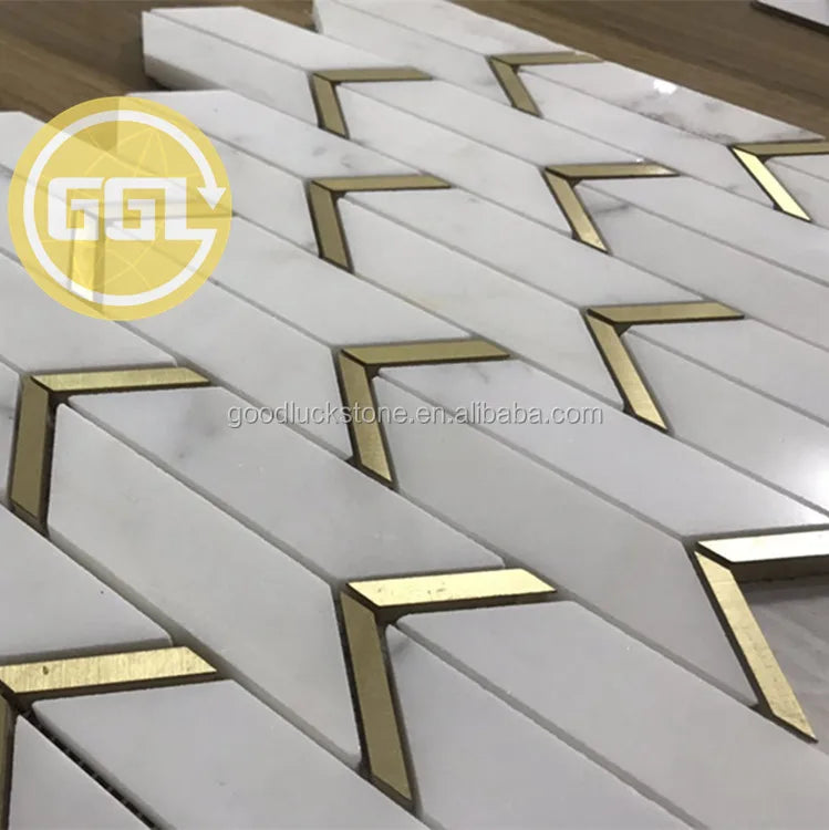 Italy Chevron Calacatta Marble White Marble Tile Fish Scale Mix Brass Mosaic - Daisan Mart