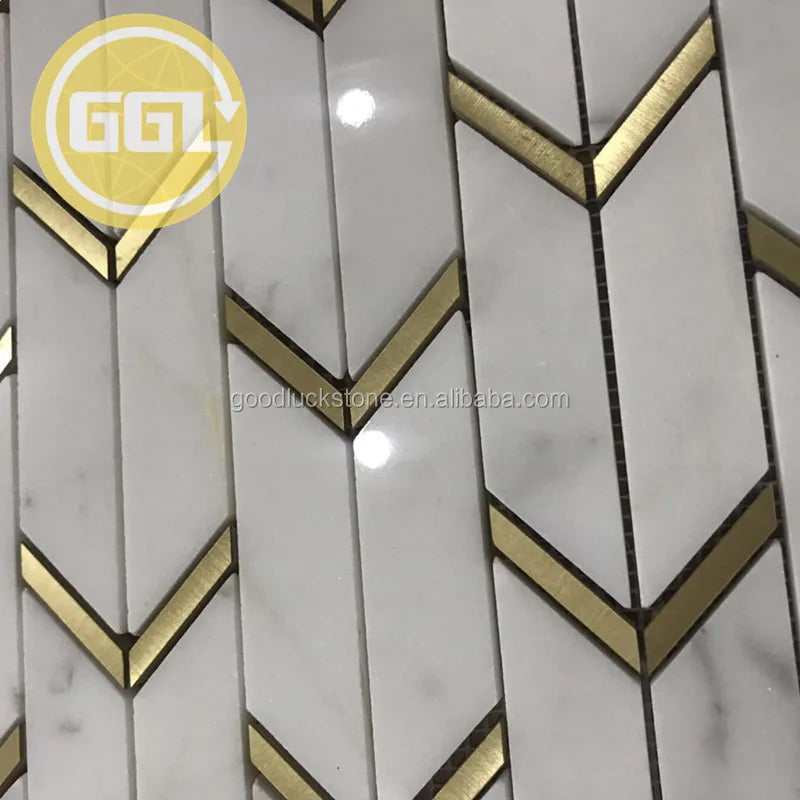 Italy Chevron Calacatta Marble White Marble Tile Fish Scale Mix Brass Mosaic - Daisan Mart