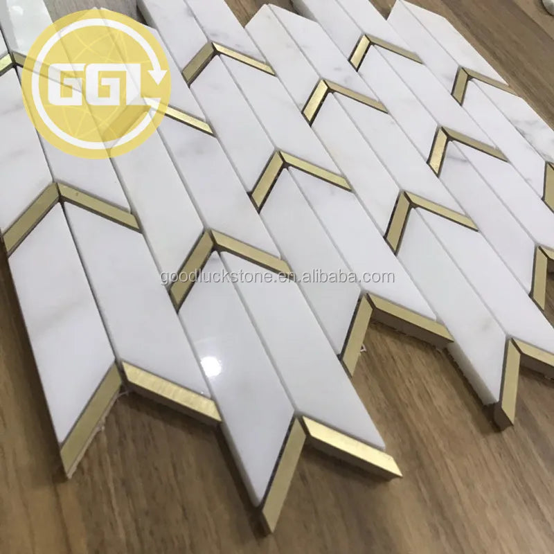 Italy Chevron Calacatta Marble White Marble Tile Fish Scale Mix Brass Mosaic - Daisan Mart