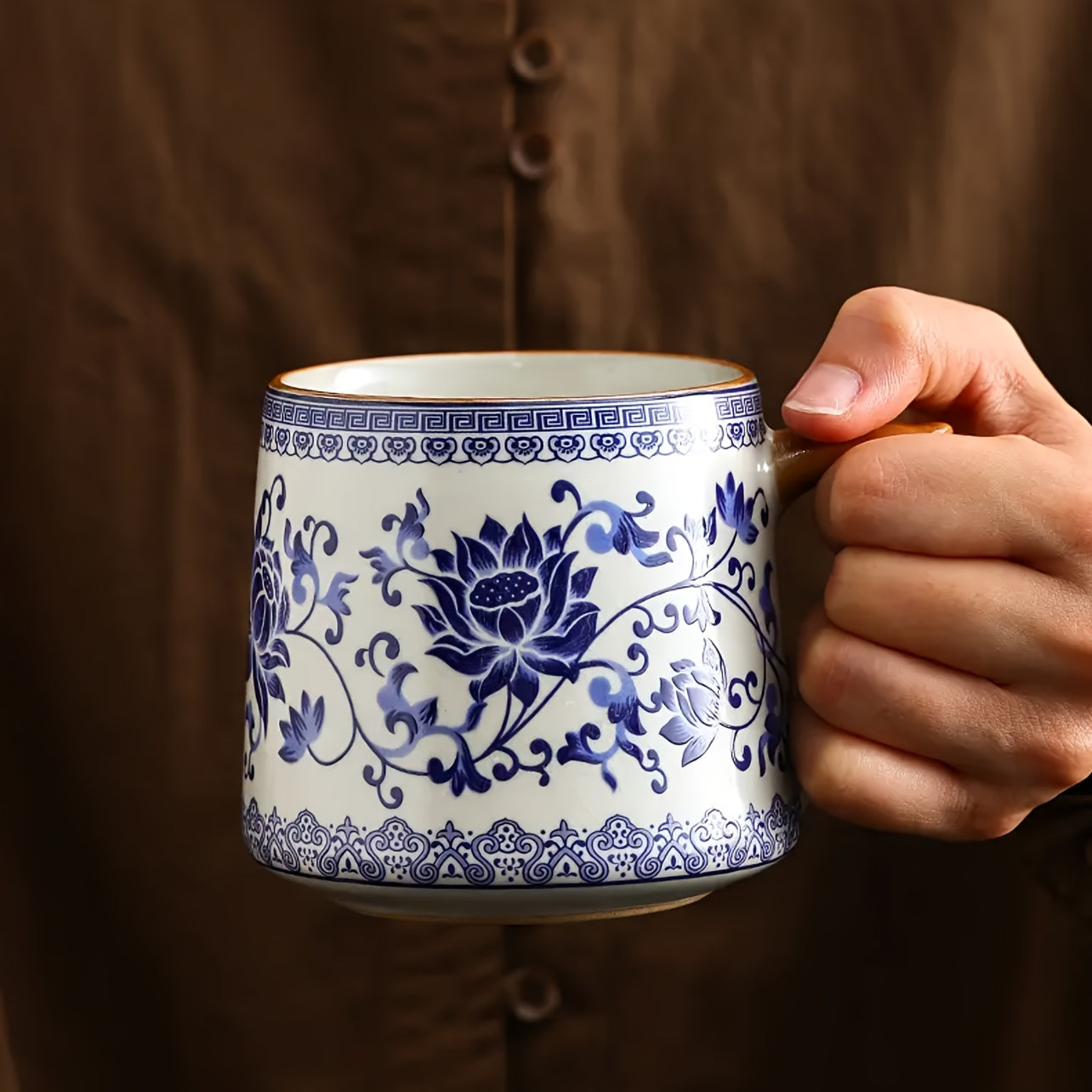 藍白汝家茶杯附蓋 - 花卉咖啡杯，手工製作，傳統中式設計，適合家庭和辦公室使用，僅限手洗，咖啡杯