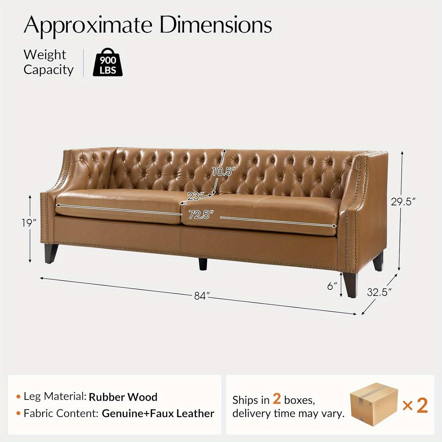 [Luxury Chesterfield Sofa] HULALA HOME 84" Genuine Leather Chesterfield Sofa | Button-Tufted 3-Seater with Solid Wood Legs, Mid-Century Modern Design, Camel Upholstery for Living Room, Apartment & Entertainment Areas, Section - Daisan Mart