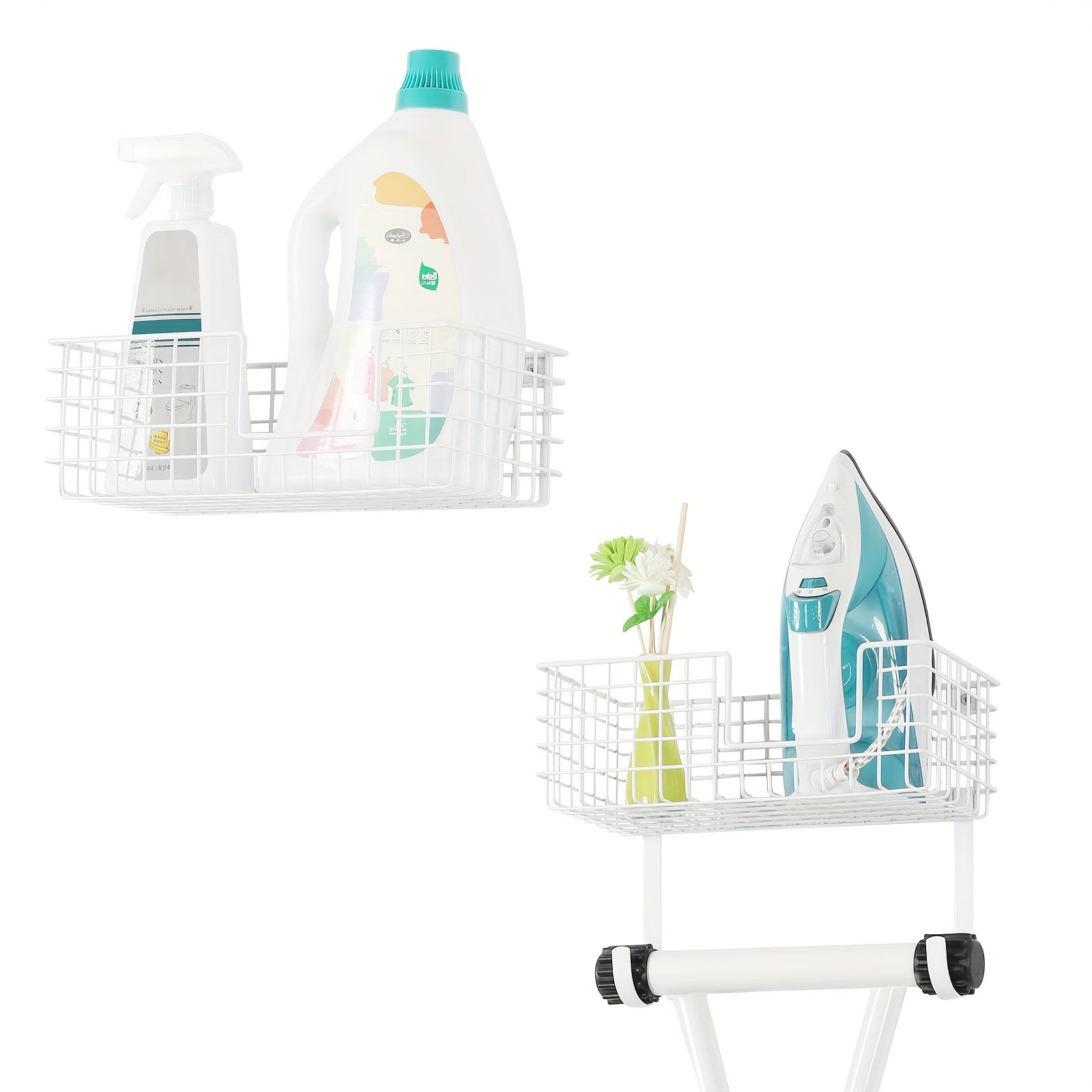 White Wall Mounted Ironing Board Hanger Holder with Storage Baskets Laundry Room Rack Wall Mount Metal Ironing Board Rack with Shelf and Basket for Laundry Room Organization and Storage with 2 Baskets