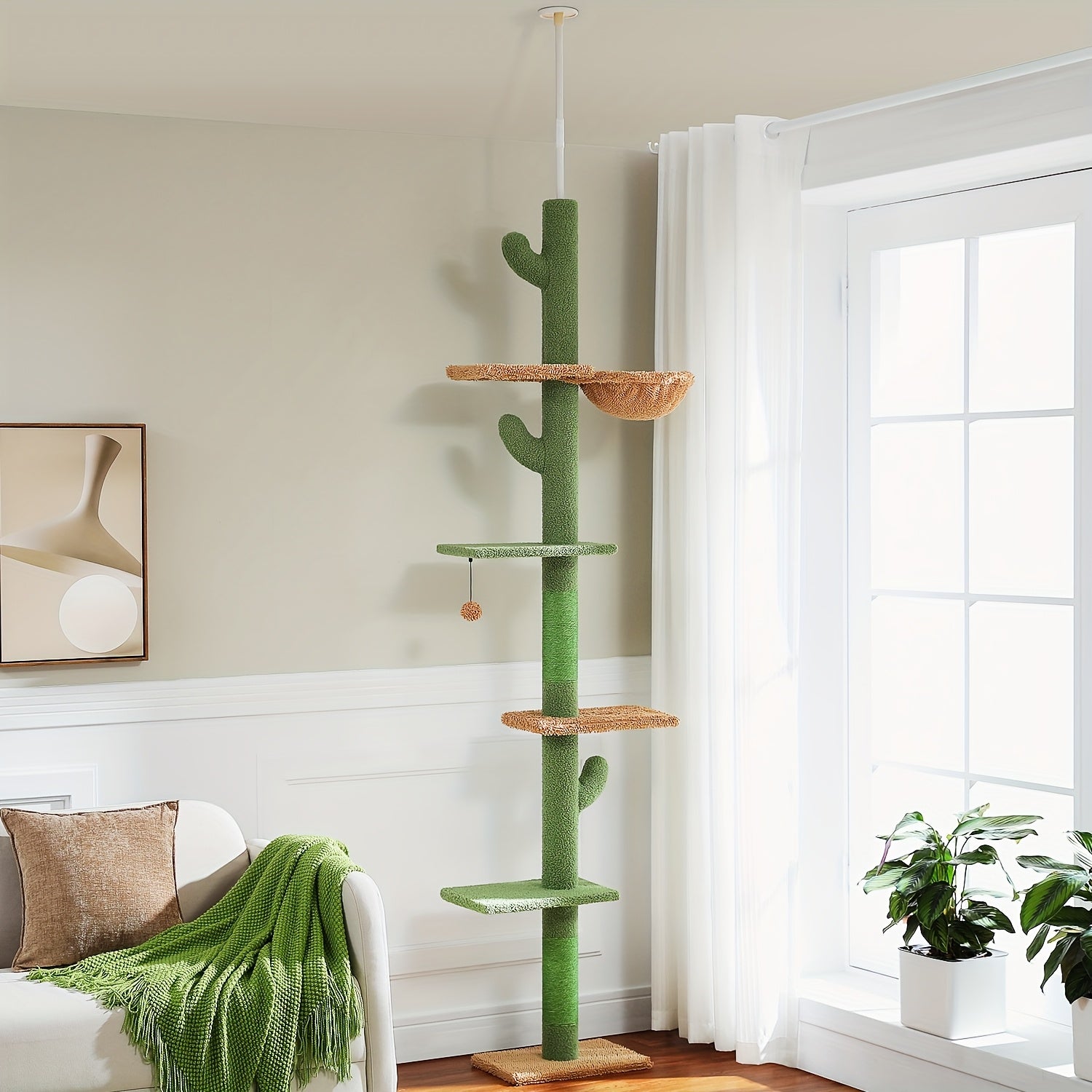 90-107" Floor To Ceiling Cat Tree Tower 4 Tier Tall Cat Climbing Posts Adjustable, Gray, Black, Khaki