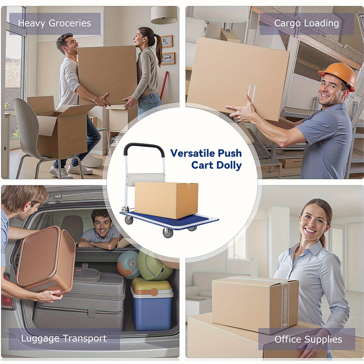 A Foldable Platform Hand Truck With High Load-bearing Capacity, Crafted From Carbon Steel, Features Two 360° Silent Swivel Wheels And Two Fixed Silent Wheels For Easy Transportation Of Boxes, Furniture, And Appliances. Ideal