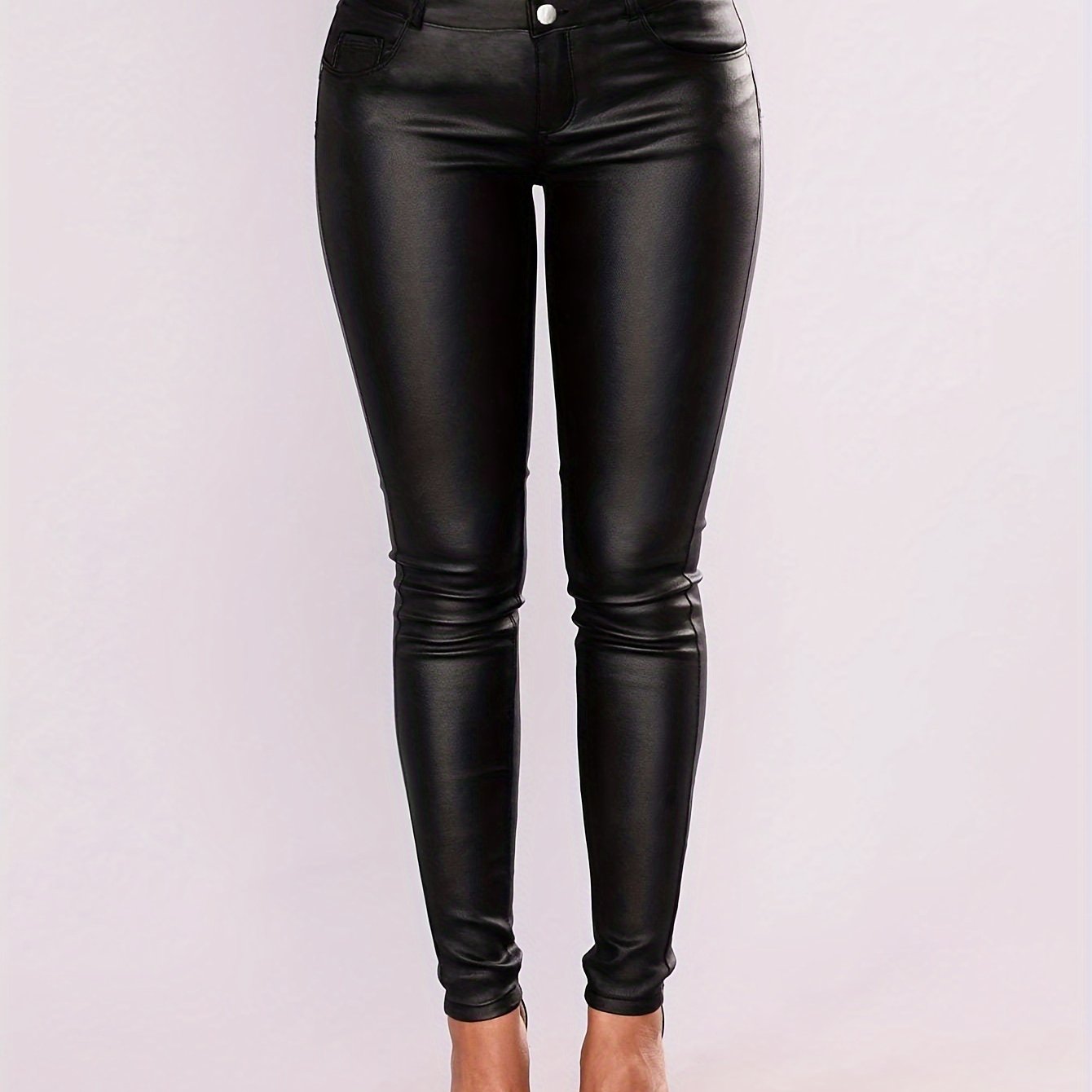 Women's High-Waisted PU Leather Leggings - Solid Black Shiny Stretchy Tights with Full-Length Zipper Closure, All-Season Elegant & Comfortable Pants for Casual or Formal Outfits, Hand Washable & Wrinkle-Resistant, PU-Coated S