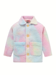 Áo khoác lông xù màu pastel pha trộn giữa xanh, hồng, vàng nhạt; có nút gỗ và túi lớn.