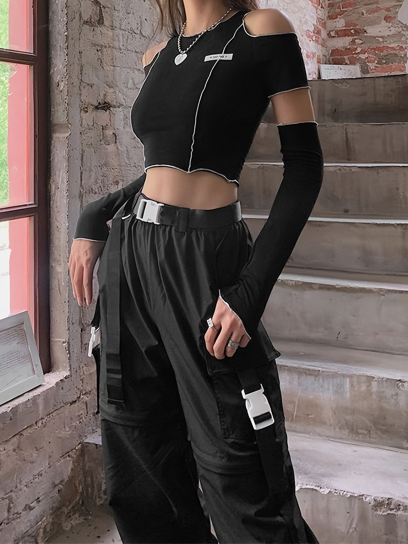 Off Shoulder Hollow Crew Neck T-shirt, Casual Loose Long Sleeve Fashion Summer Slim Bottoming T-Shirts Tops, Women's Clothing - Daisan Mart