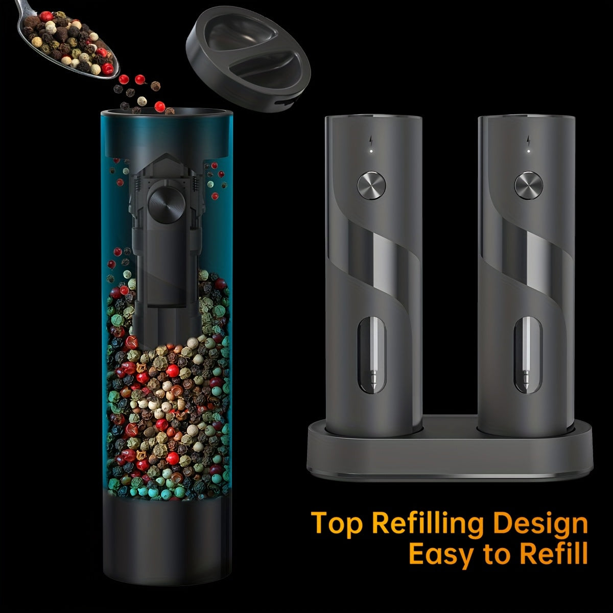 Convenient 2-piece LED automatic electric salt and pepper grinder set